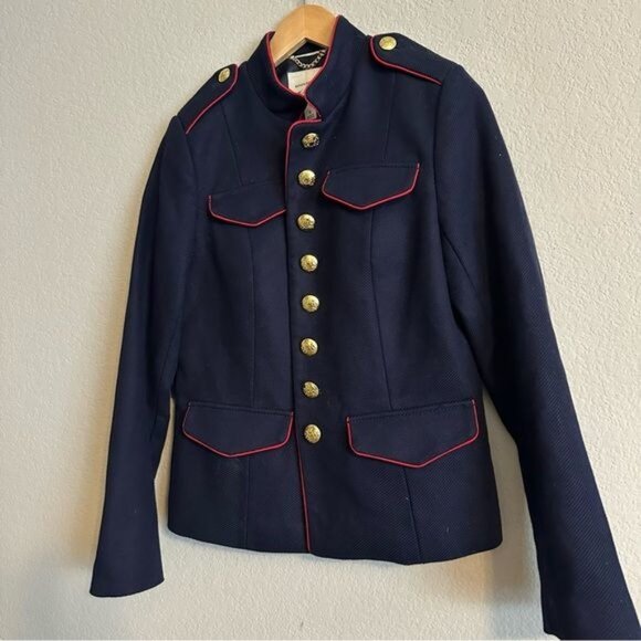 Olivia Palermo Banana Republic Belted Military Navy Blue Red Jacket Size Small - Picture 3 of 9